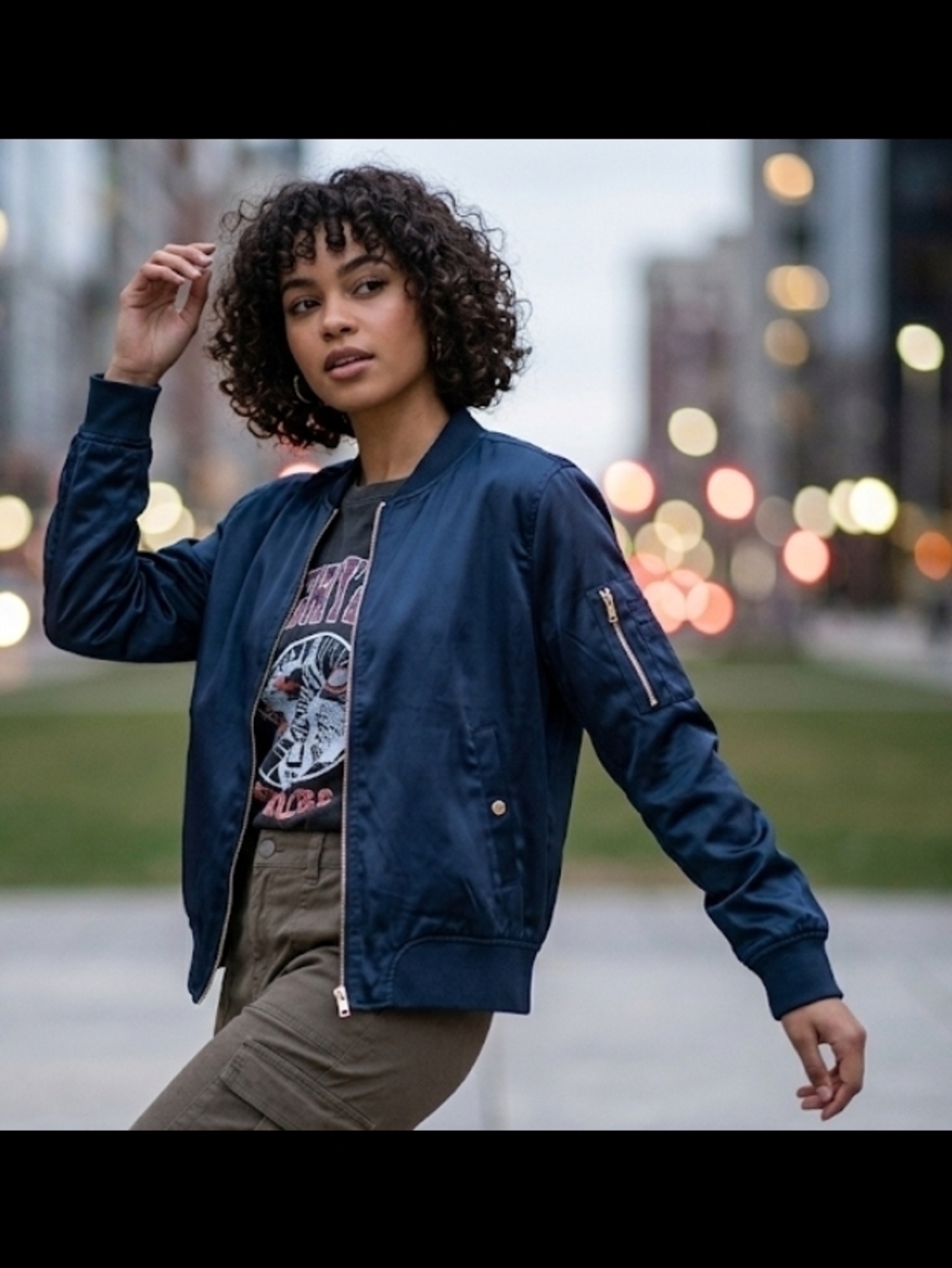 Ardene Navy Satin Bomber Jacket with Gold Zipper SZ. L
